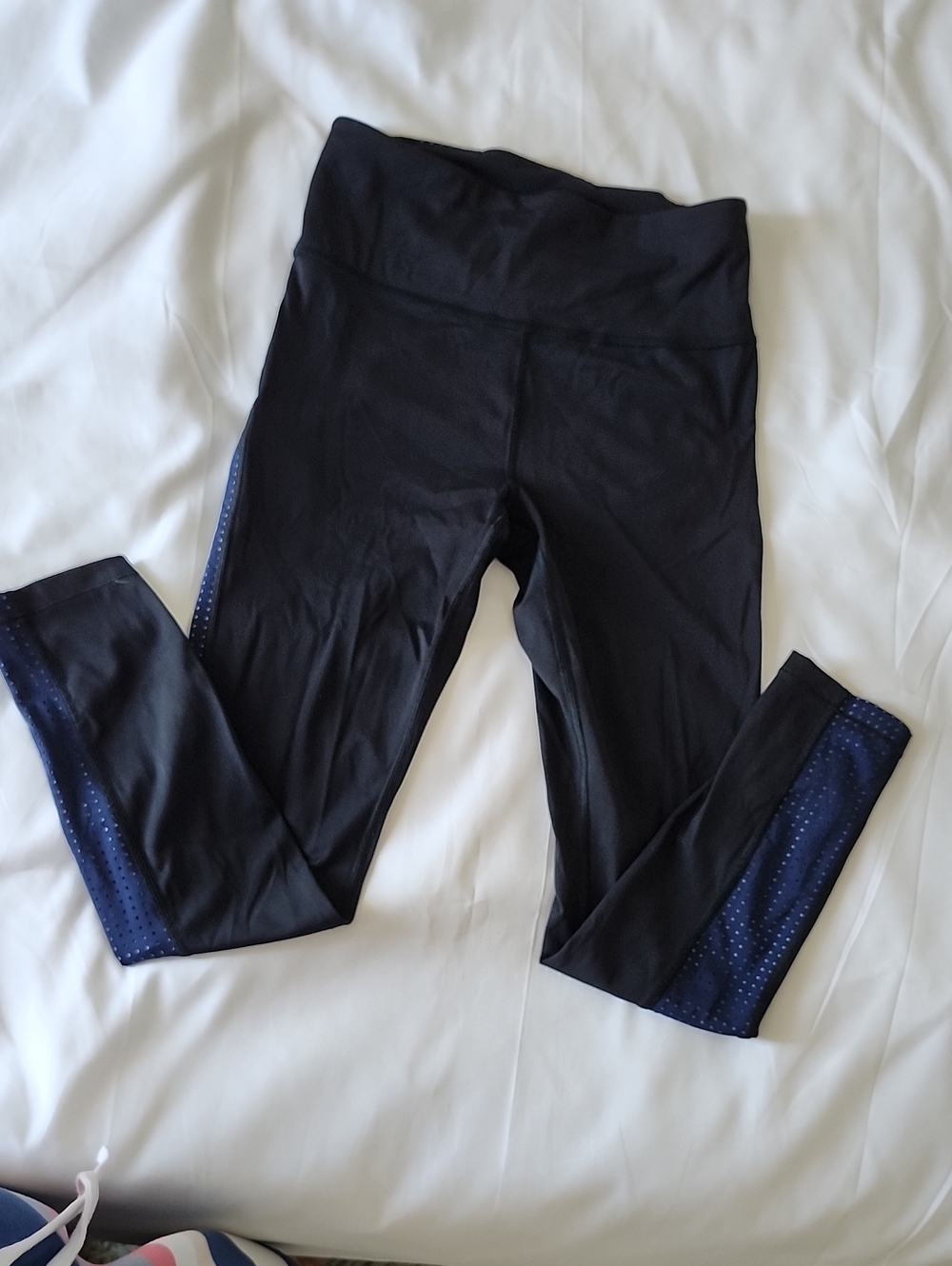 Athleta Black Leggings with Navy Dot Panels